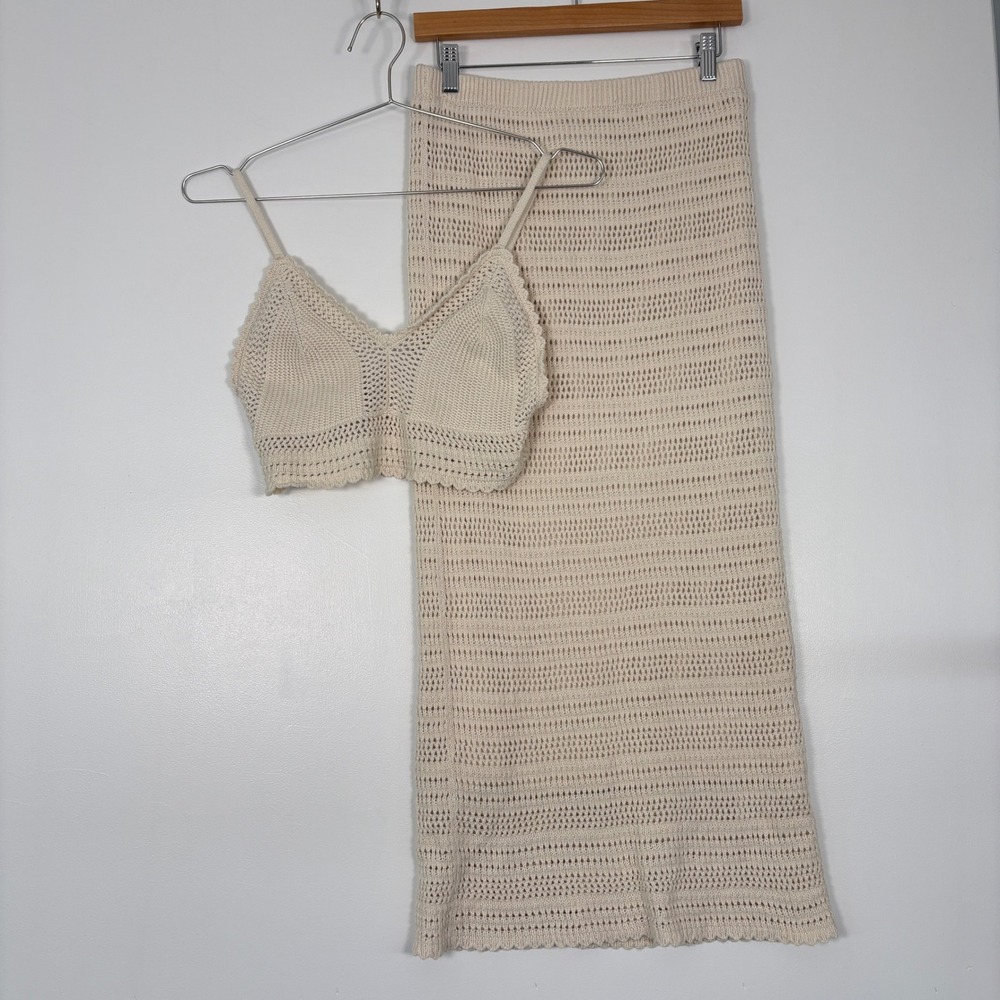 Freshman 1996 Women Two Piece Set Size M Cream Crochet Knit Maxi Skirt‎ Crop Top